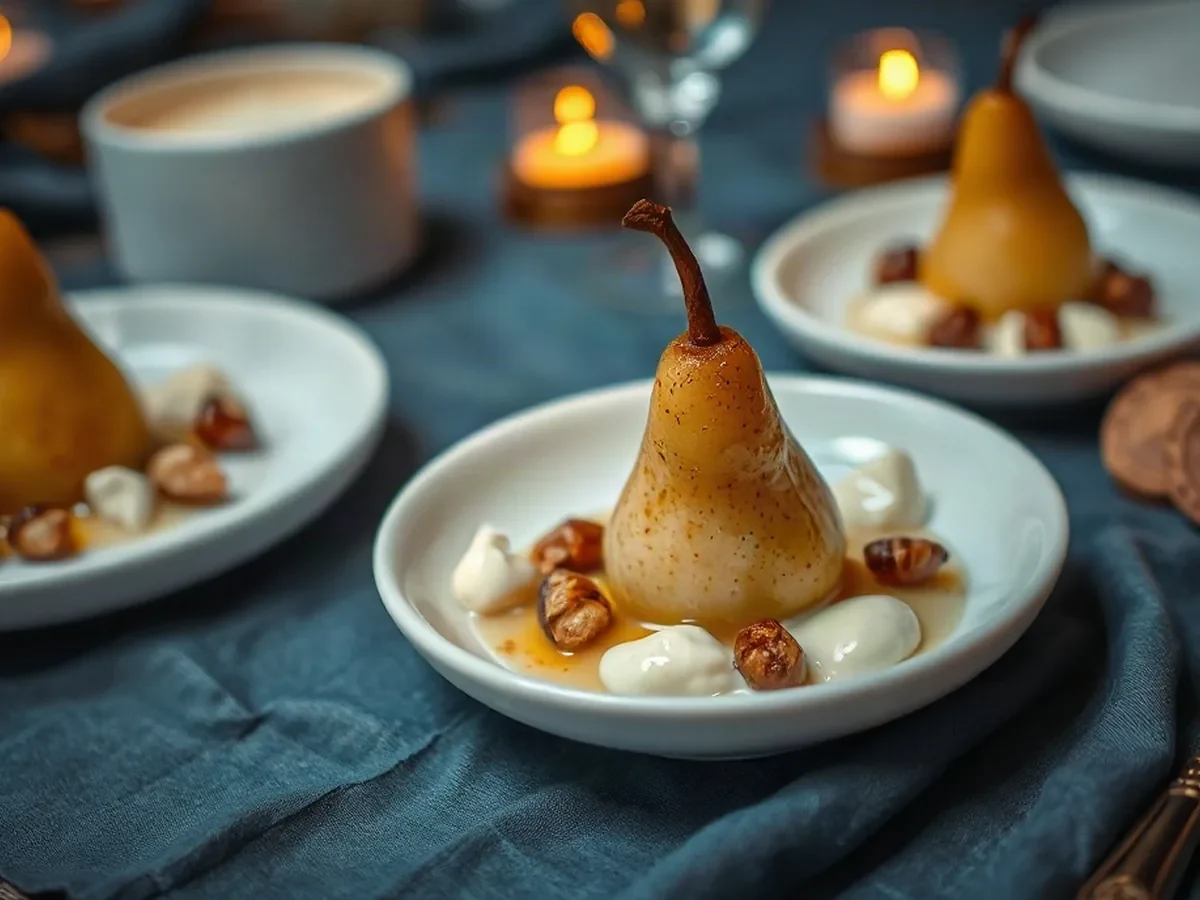 Poached pears with crème fraîche and toasted hazelnuts