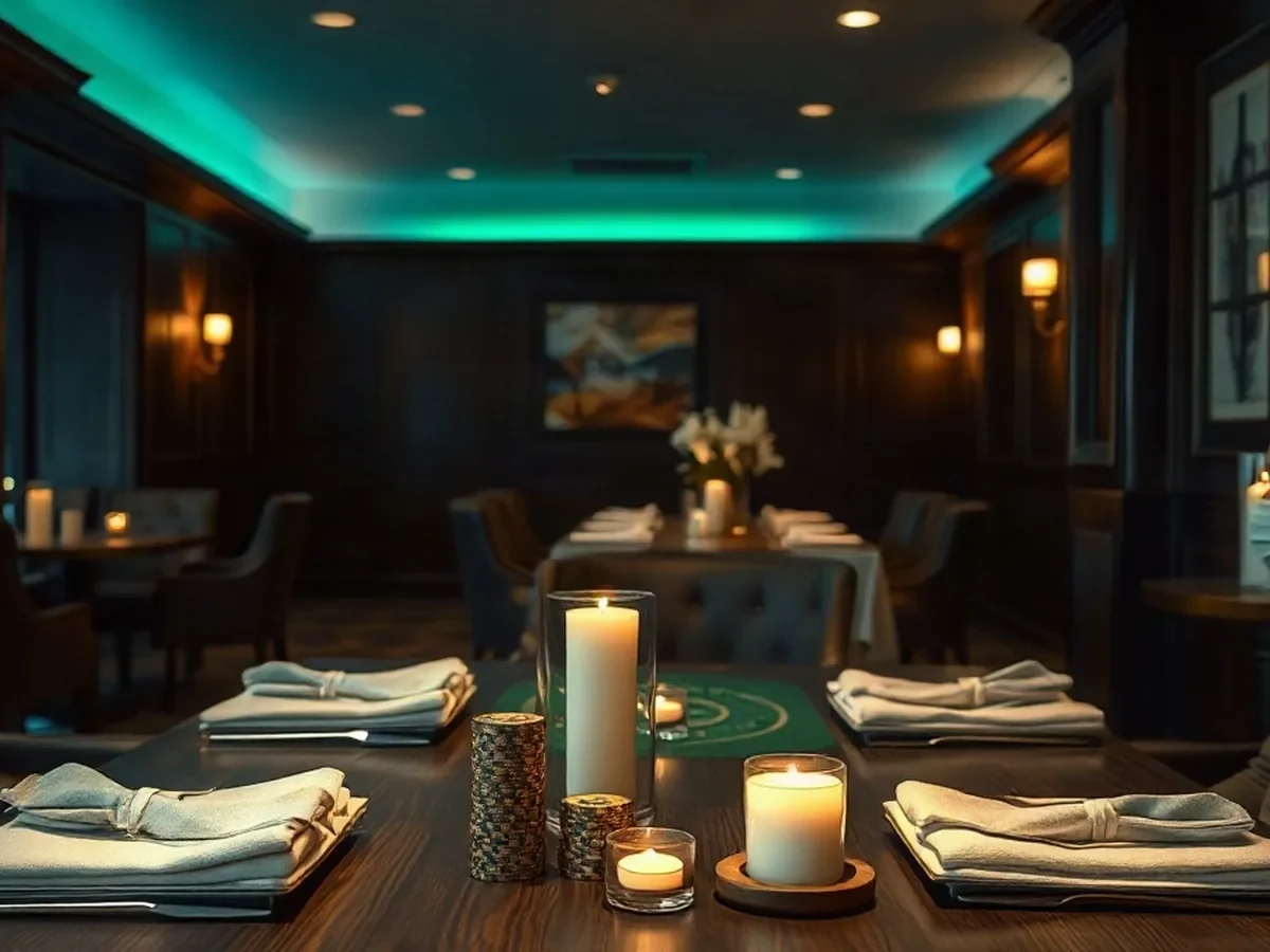 Quiet ink-blue lounge with dark wood and warm brass