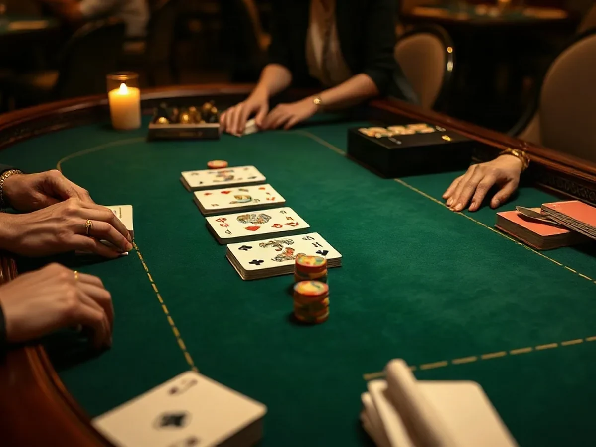 Cards and standard chips arranged on green poker felt