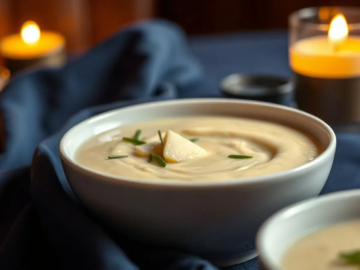 Leek and potato velouté with chives in white stoneware