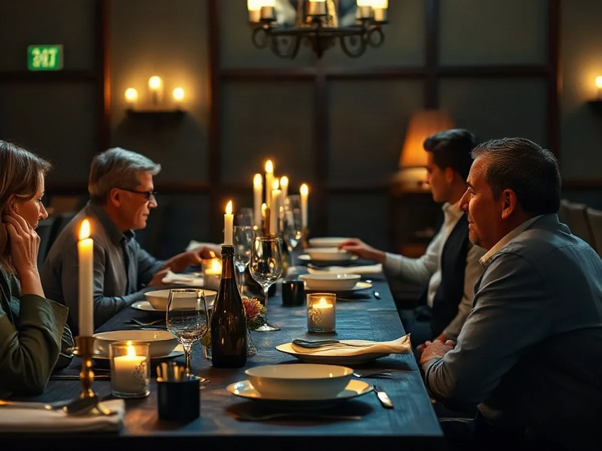 Adult diners sharing supper by candlelight