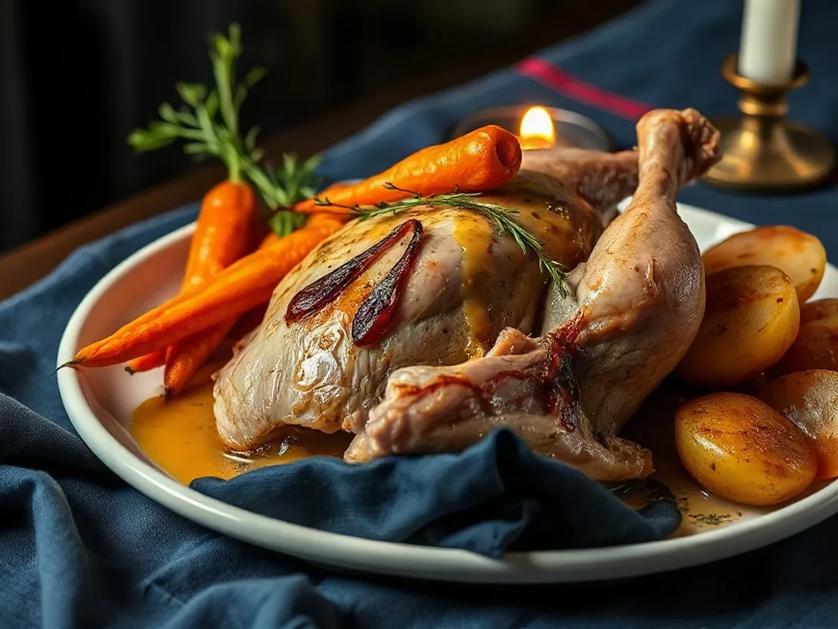 Roast chicken, glazed carrots and golden pommes Anna