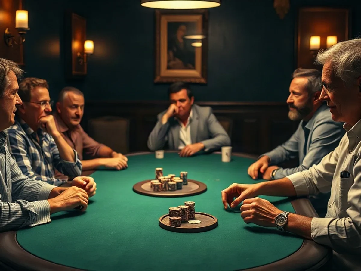 Adult players and dealer gathered around green poker felt